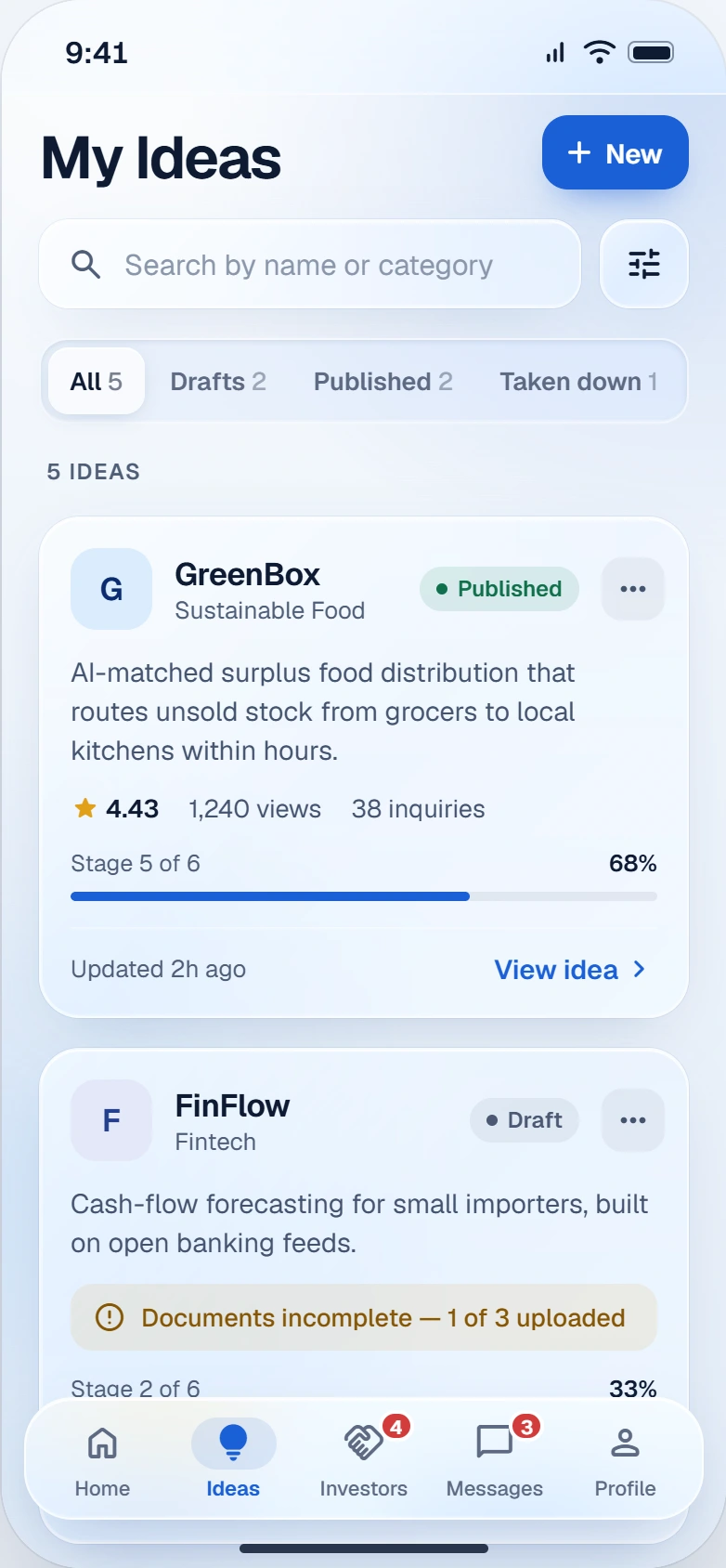 SEED Entrepreneur prototype: My Ideas screen with existing ideas and document preparation progress