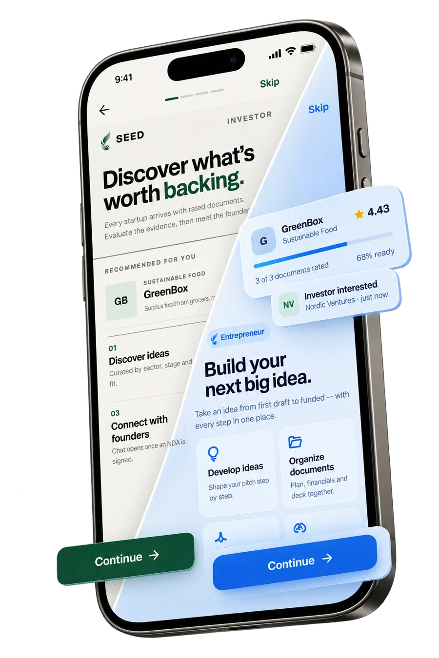 SEED phone showing the forest-green Investor and blue Entrepreneur experiences side by side