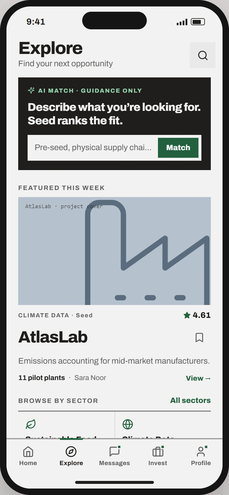 SEED Investor prototype: Explore screen with emerging business ideas, sectors and supporting information